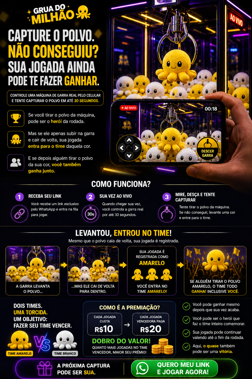 Grua do Milhão: controle uma grua real ao vivo pelo celular com polvos amarelos e brancos